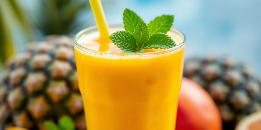 Smoothie amarelo com frutas tropicais e folhas de hortelã.
