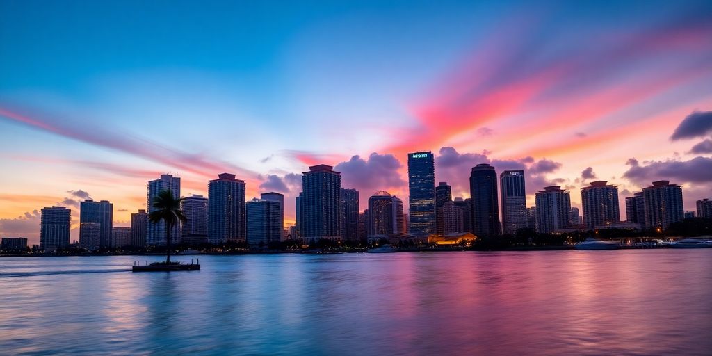 Miami cityscape with blue sky.