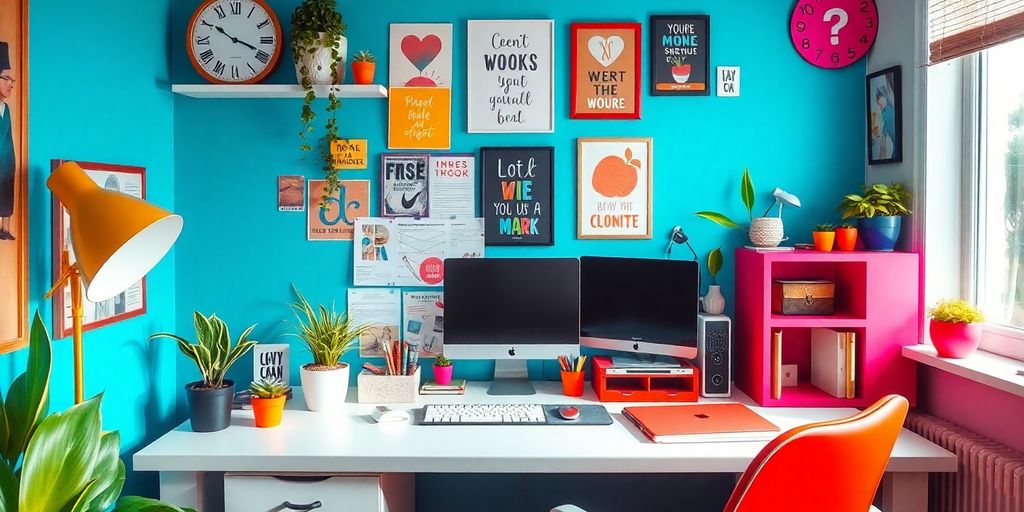 Colorful workspace with motivational wallpaper and decor.