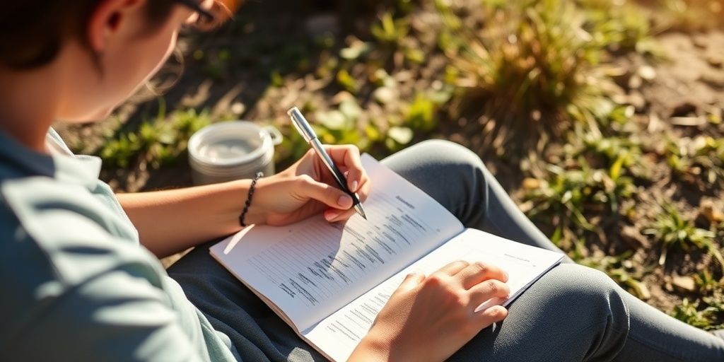 Person writing a plan on a notebook outdoors.