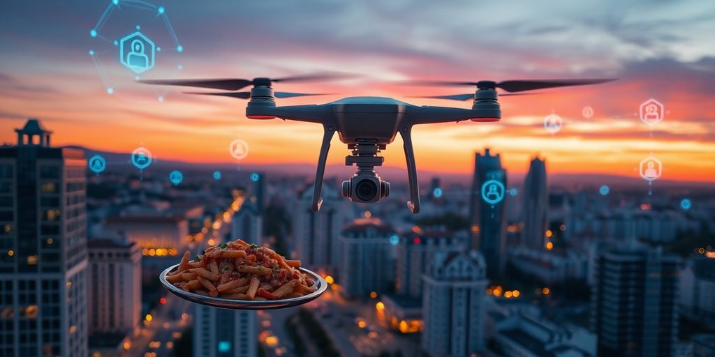 Dron dostavlja ćevape iznad modernog, futurističkog Beograda noću.