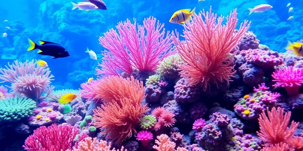 色彩斑斓的珊瑚礁，水族箱中有鱼。