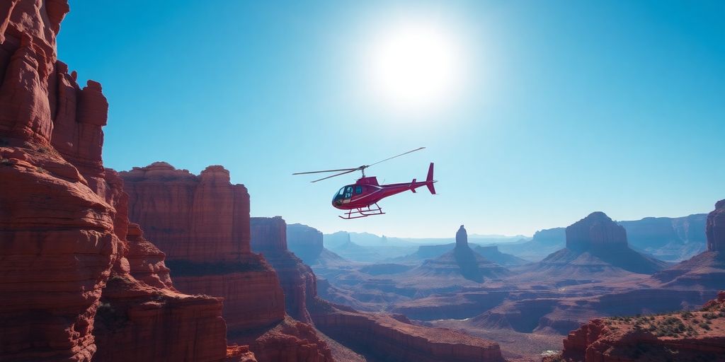 A helicopter flying over the majestic red rocks of Sedona.