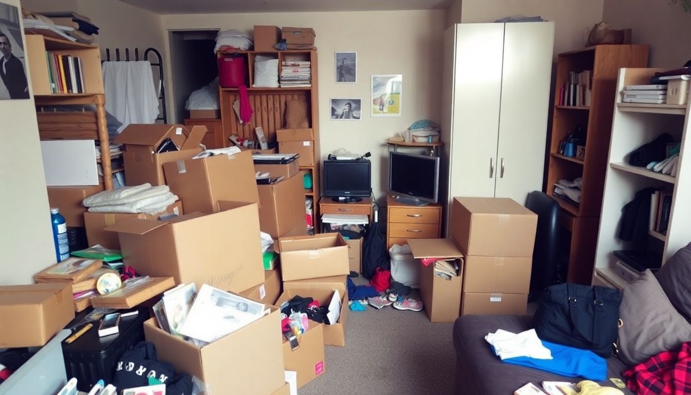 Cluttered student room with boxes and furniture for clearance.