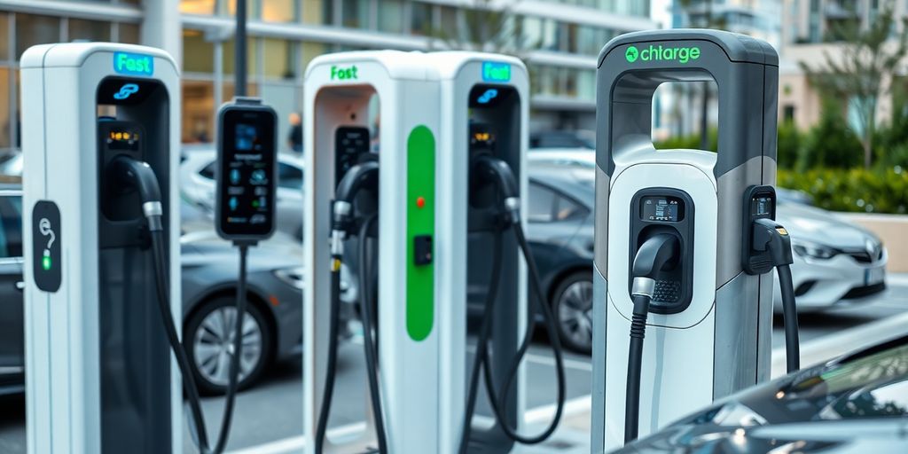 Electric vehicle charging stations in a modern urban setting.