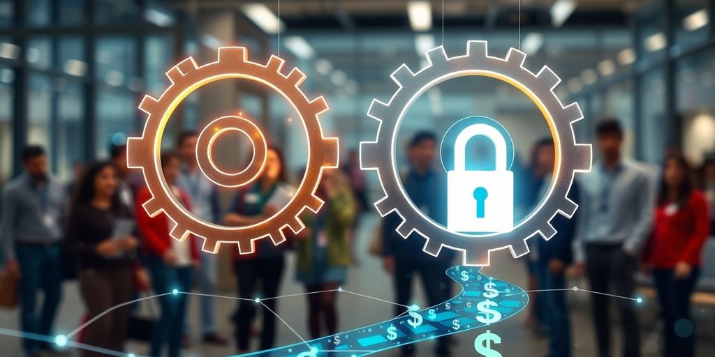 Glowing gears, diverse people, digital connections, secure transactions, modern office.