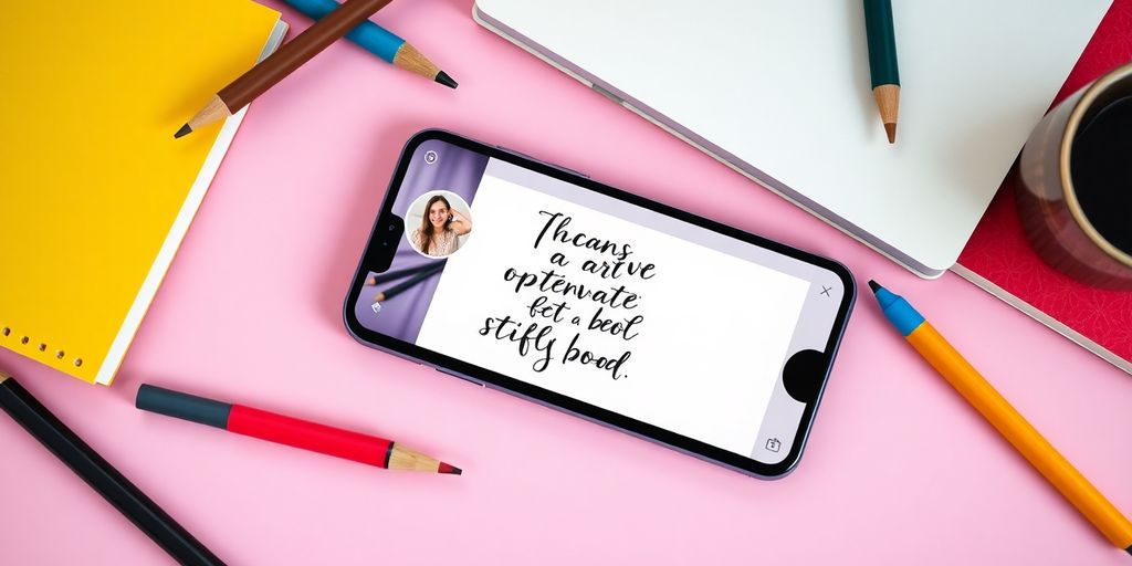Smartphone with Instagram profile and creative writing tools on a desk.