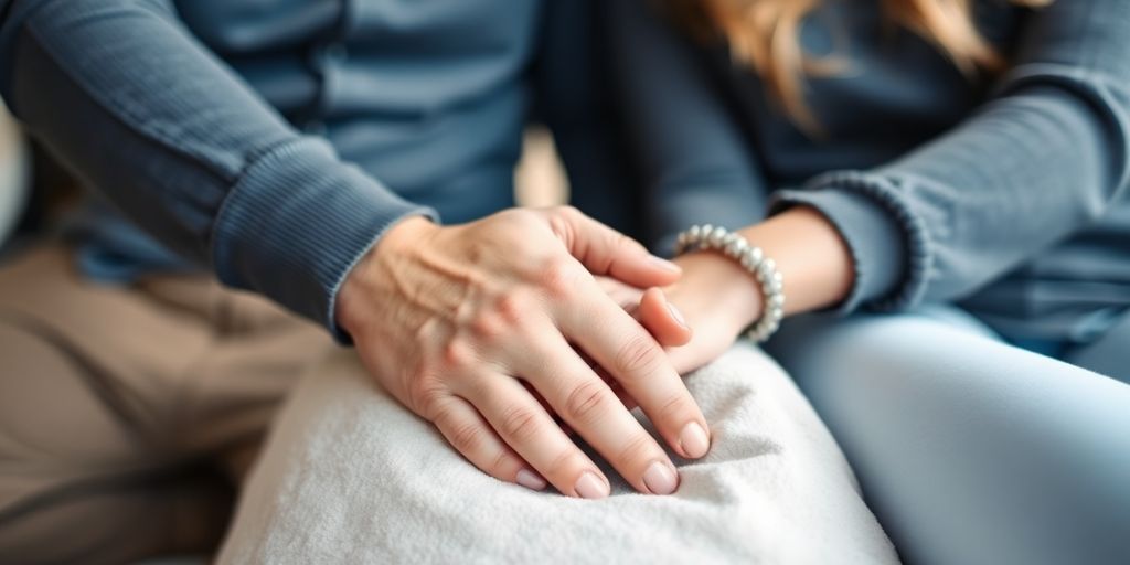 Couple's hands clasped, warm light, peaceful home interior.