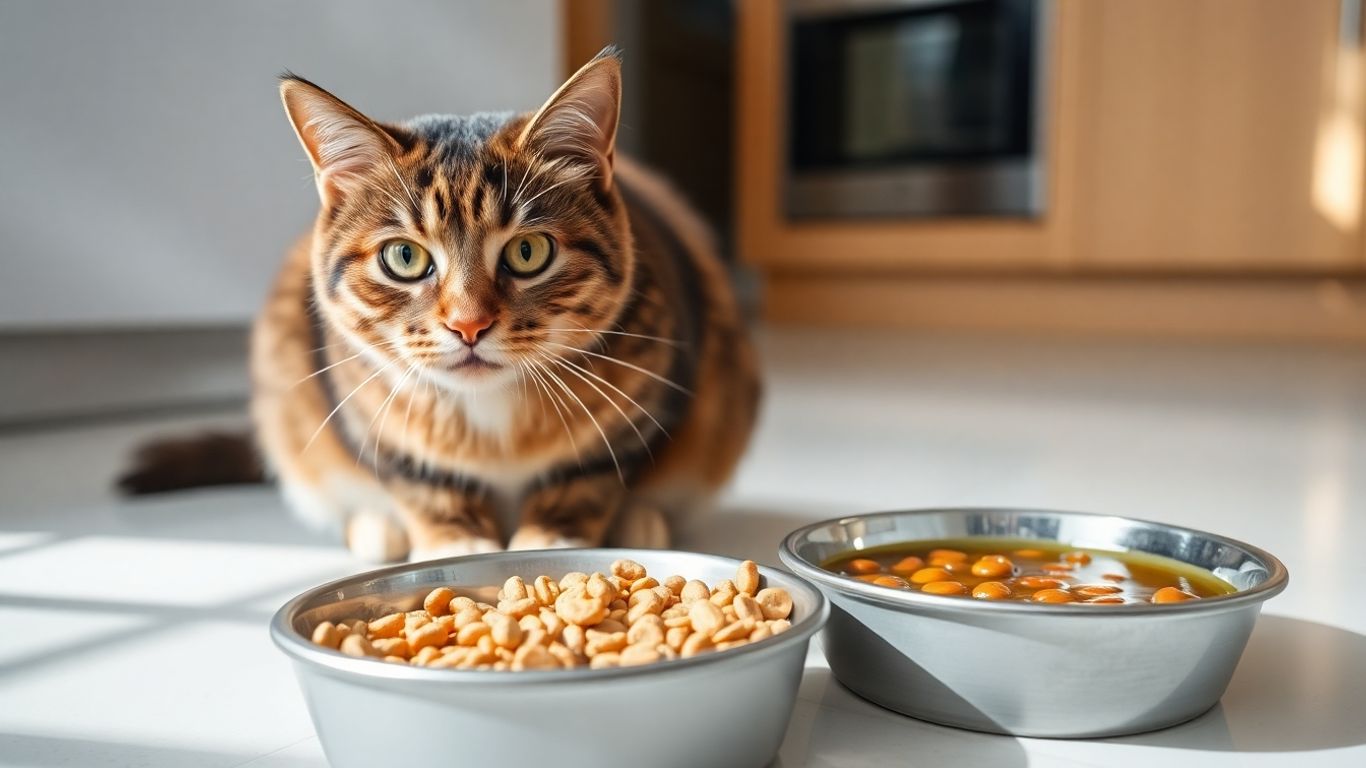 Katze mit Trocken- und Nassfutternäpfen im Haus