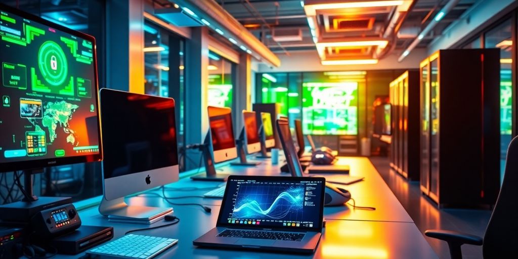 Modern office with technology gadgets and cybersecurity elements.
