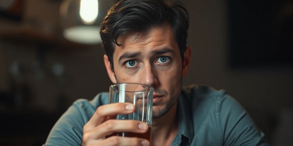 Person holding a glass of alcohol, looking thoughtful.