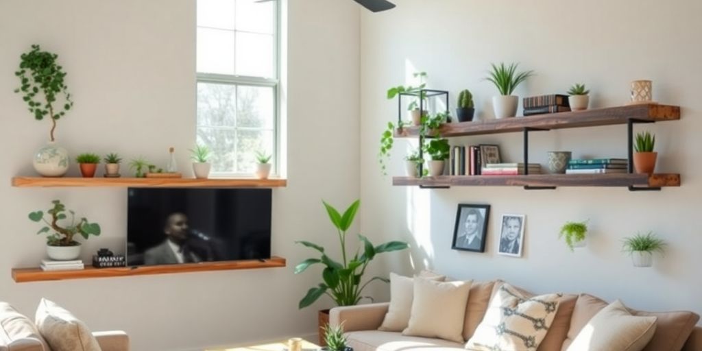 Upcycled wooden shelves with plants and books in living room.