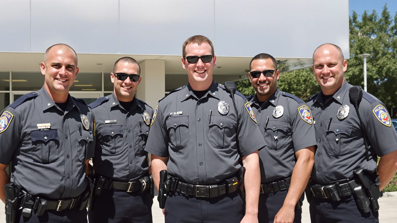 Five police officers standing together outdoors.