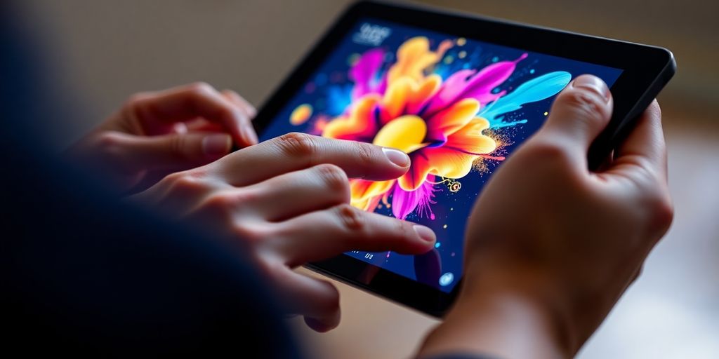 Digital artist creating vibrant AI image on screen