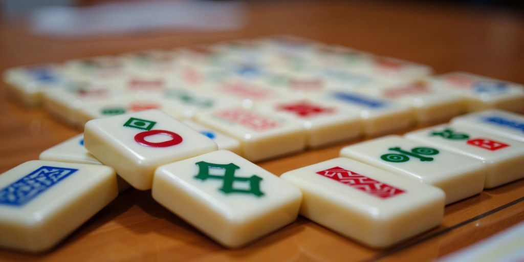 Colorful Mahjong tiles on a wooden table.