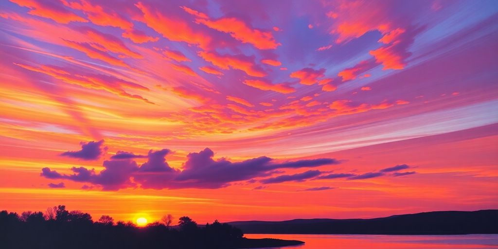 Vibrant sunset painting with colorful sky and reflection.