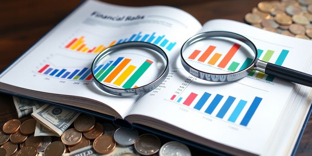 Opened book with financial charts, magnifying glass, coins.