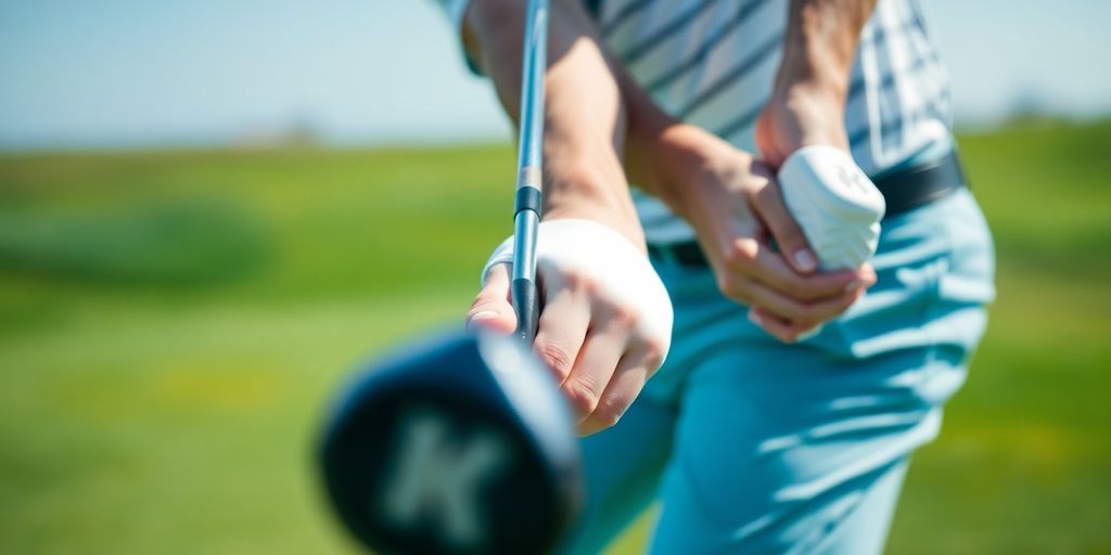 Male golfer swinging golf club on green course.