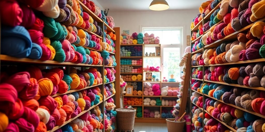 Cozy yarn shop interior with colorful skeins.