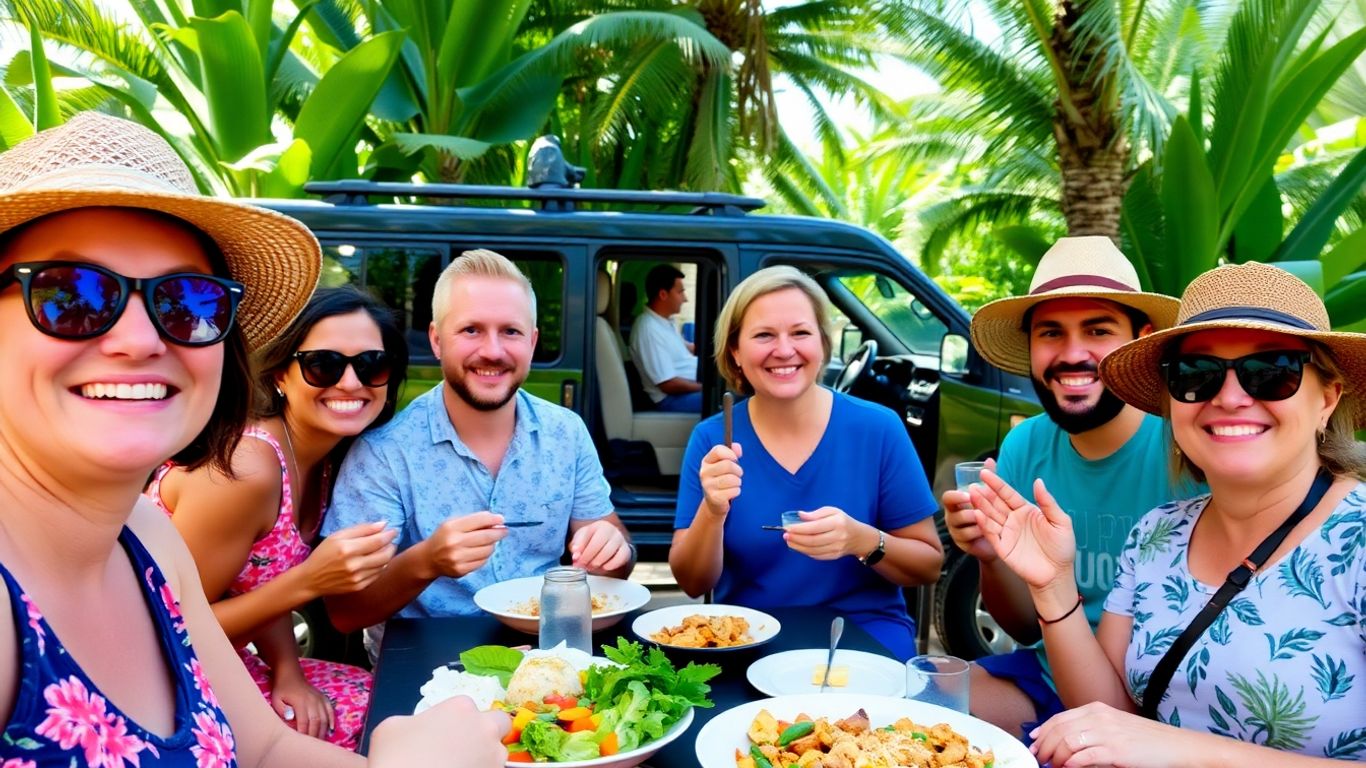 Tourists enjoying lunch with vehicle in scenic Cabo landscape.