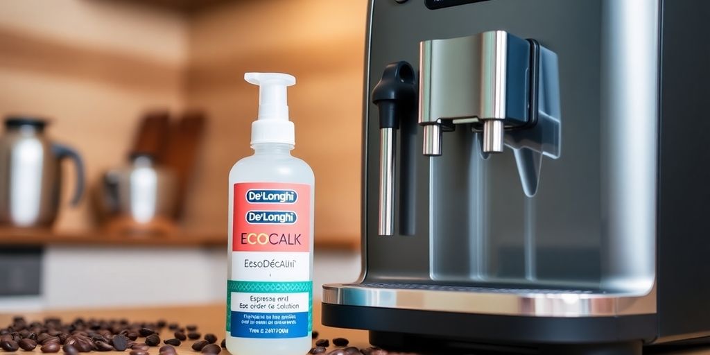 De’Longhi EcoDecalk Mini next to espresso machine on counter.