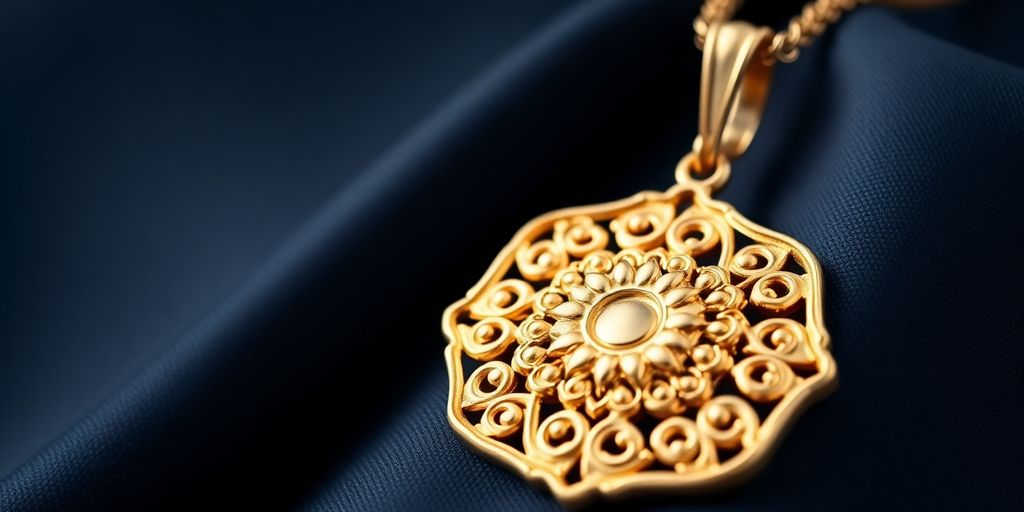 Pendentif en or sur fond flou.