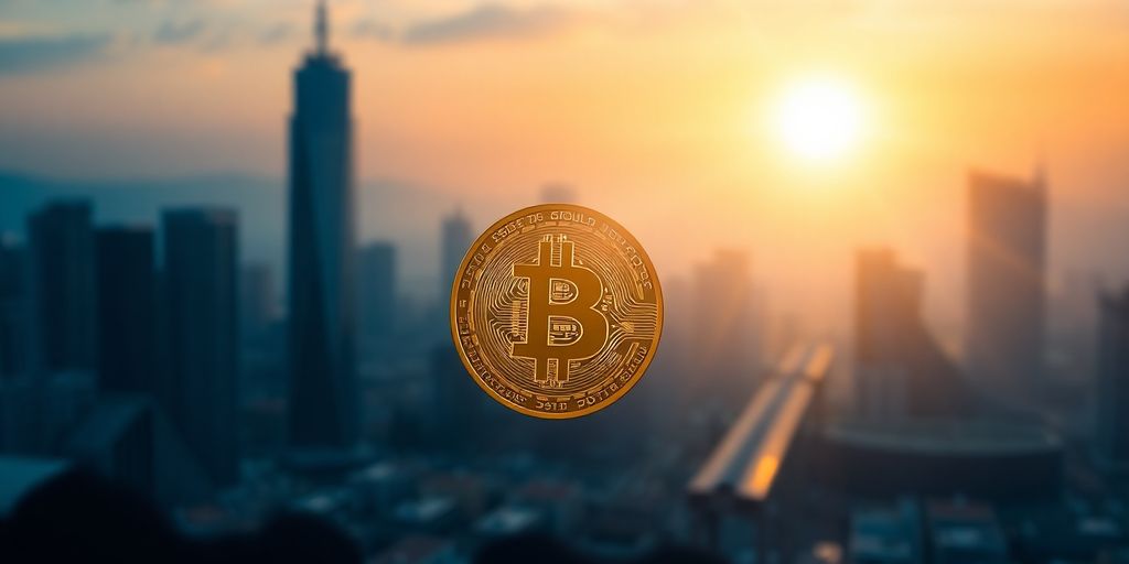 Digital coins soaring into a futuristic cityscape.