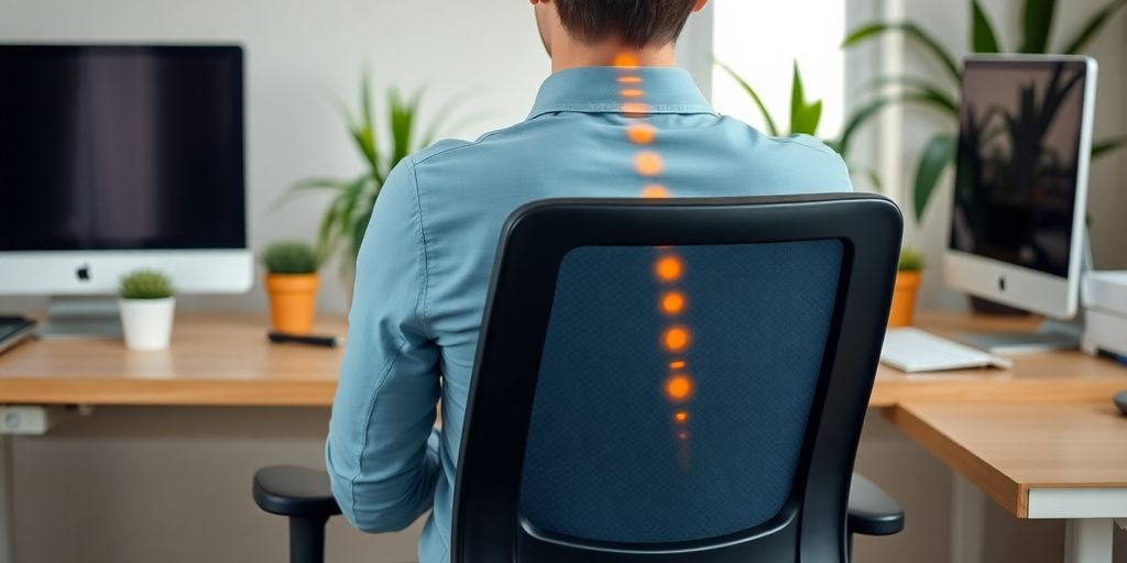 Person sitzt aufrecht am Schreibtisch mit ergonomischem Stuhl.