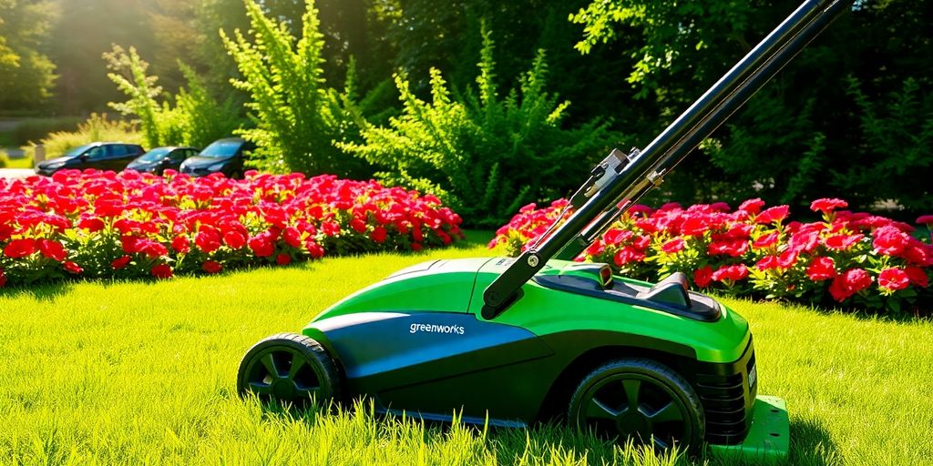 Greenworks brushless lawn mower in a vibrant garden.