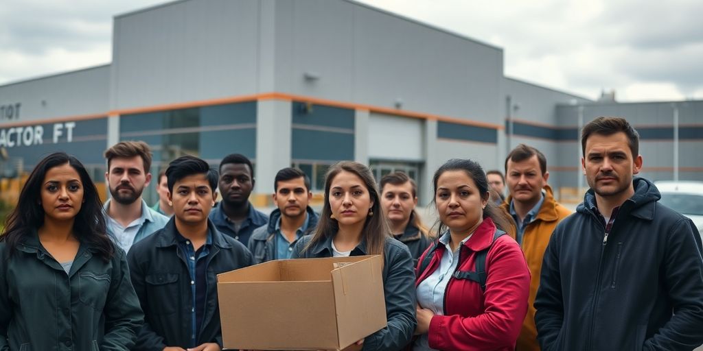 Travailleurs inquiets et bâtiments d'usine de Casa France, ambiance sombre.