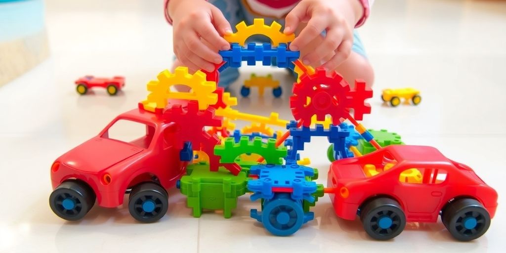 Kinderen bouwen met magnetische auto's op de vloer.