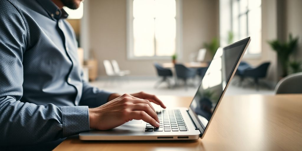 Emprendedor trabajando con computador en oficina moderna.