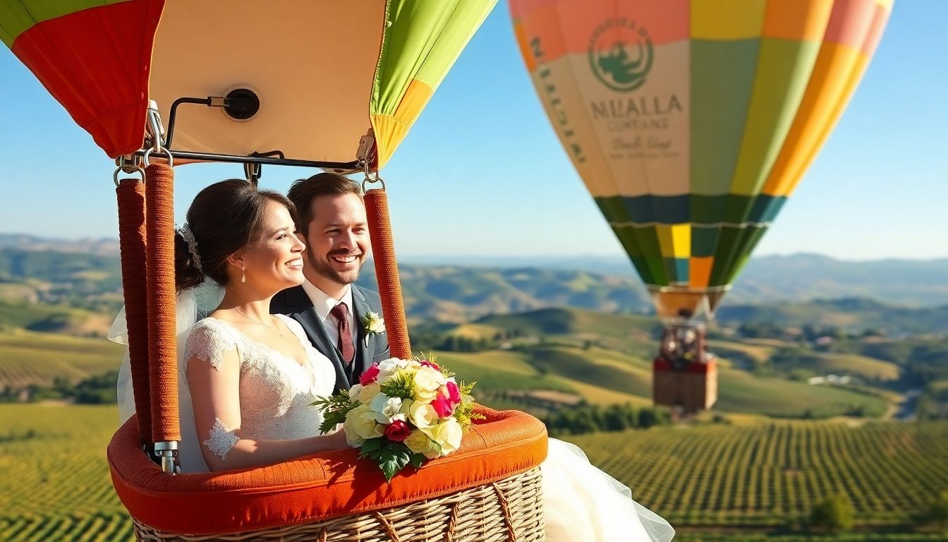 Bride and groom in a hot air balloon over Napa Valley.