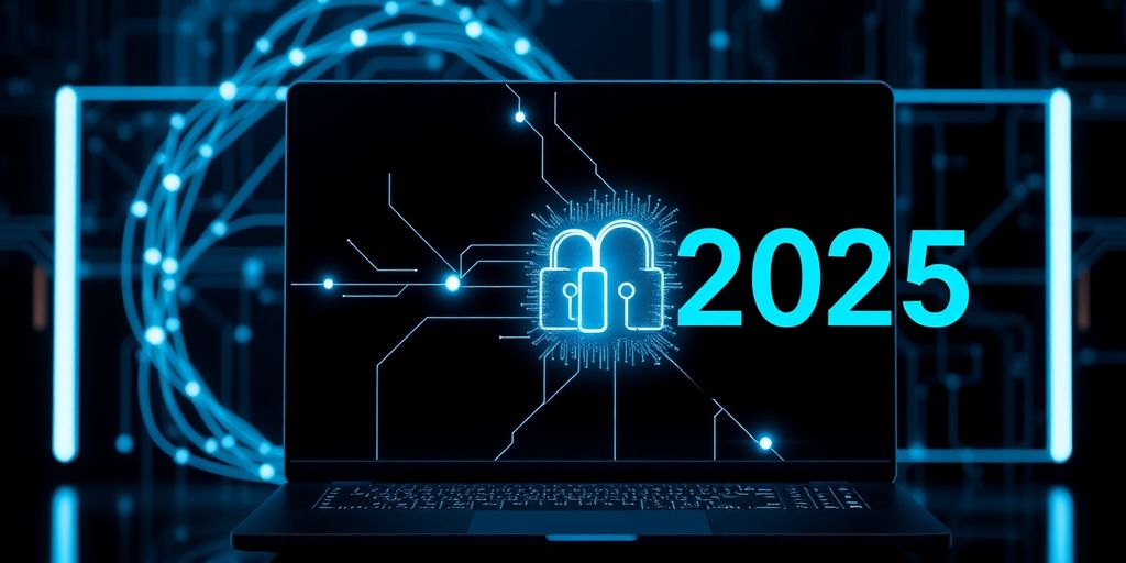 Futuristic computer interface with digital networks and lock symbol.