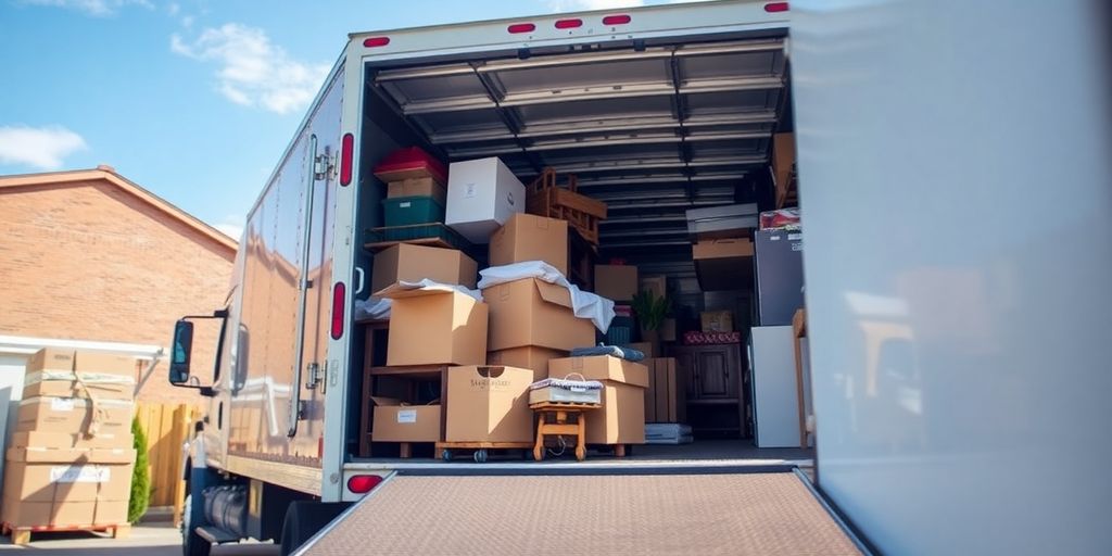 Caminhão de mudança cheio de caixas e móveis.