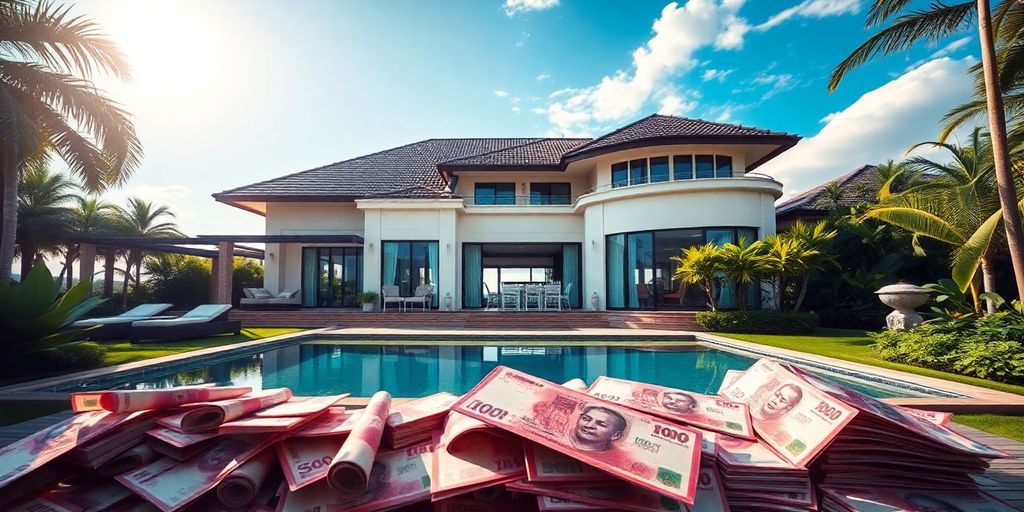 Phuket villa with stacks of Thai baht.