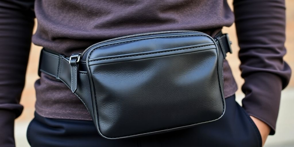 Un homme portant un sac banane en cuir noir.