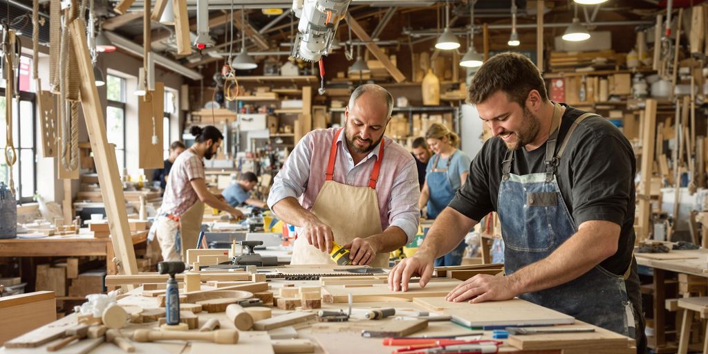 Håndverkere arbeider med forskjellige prosjekter og verktøy.