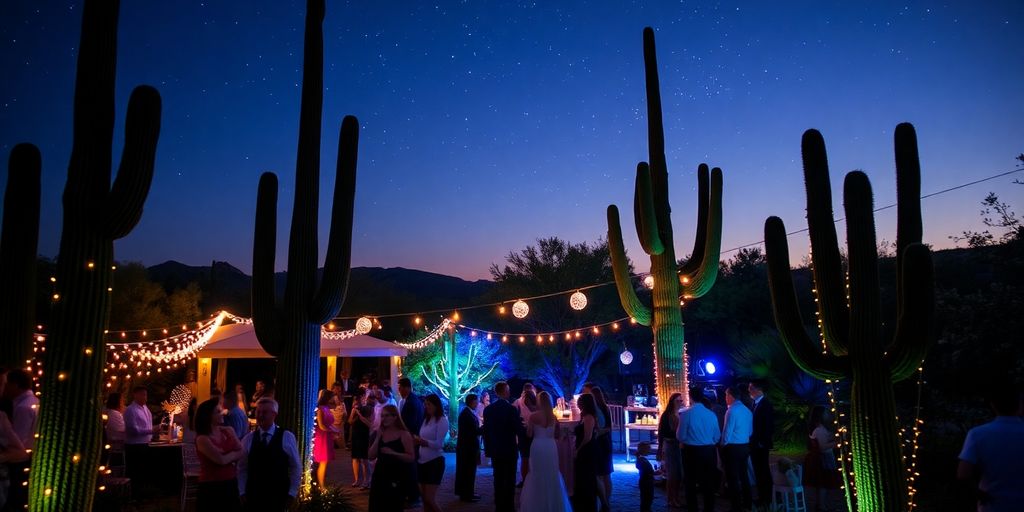 Desert event under starry sky, glowing lights.