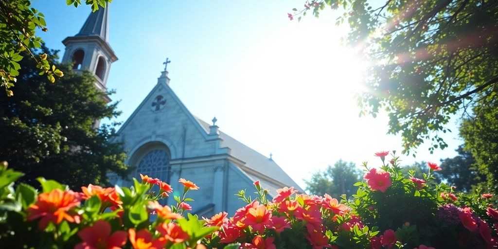 Une église baignée de soleil avec des fleurs en premier plan.