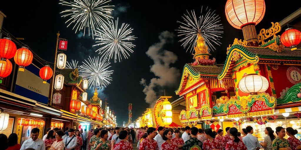 Traditional Japanese festival with colorful lanterns and dancers.