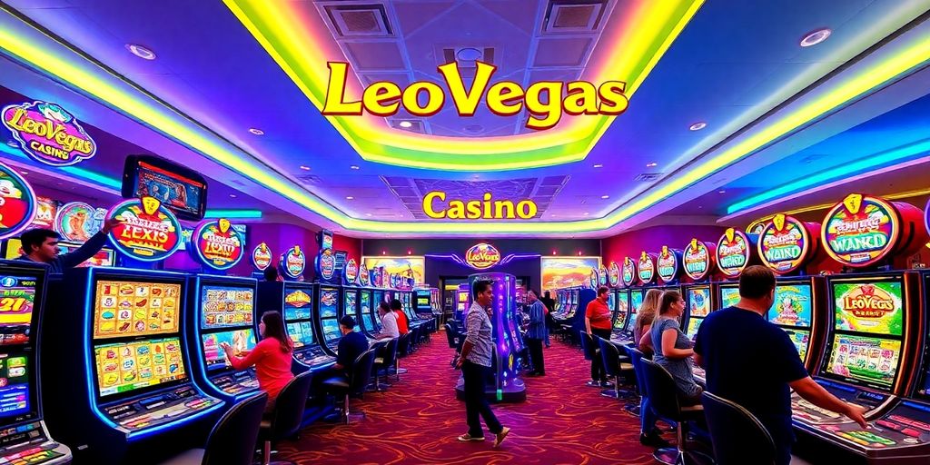 Vibrant LeoVegas Casino gaming floor with colorful slot machines.