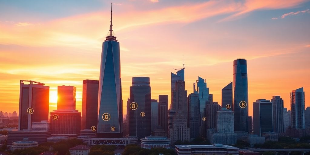 The Best Crypto to Buy Right Now? Our Top Pick Might Surprise You! 4 City skyline with cryptocurrency symbols at sunset.