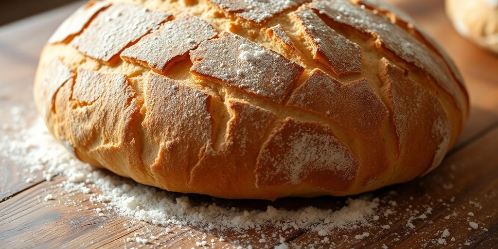Golden sourdough loaf on a worn wooden table.