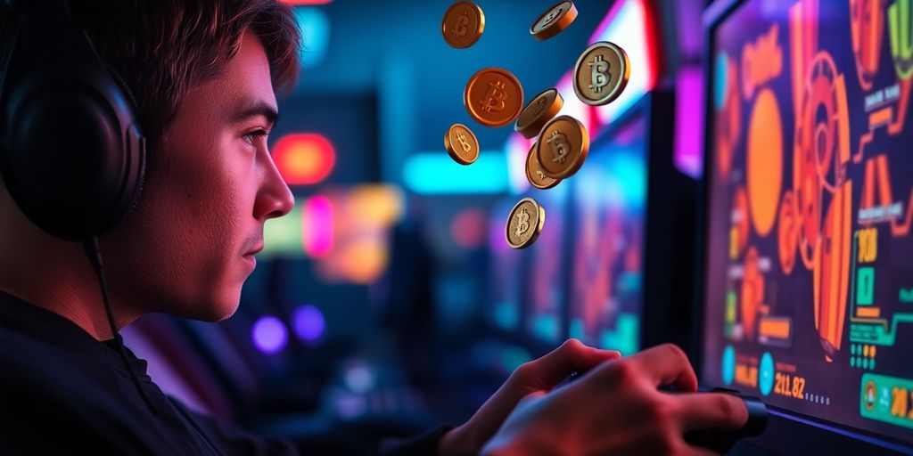 Gamer playing, digital coins floating, neon lights.