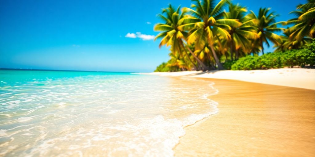 Sunny beach with turquoise water and palm trees.