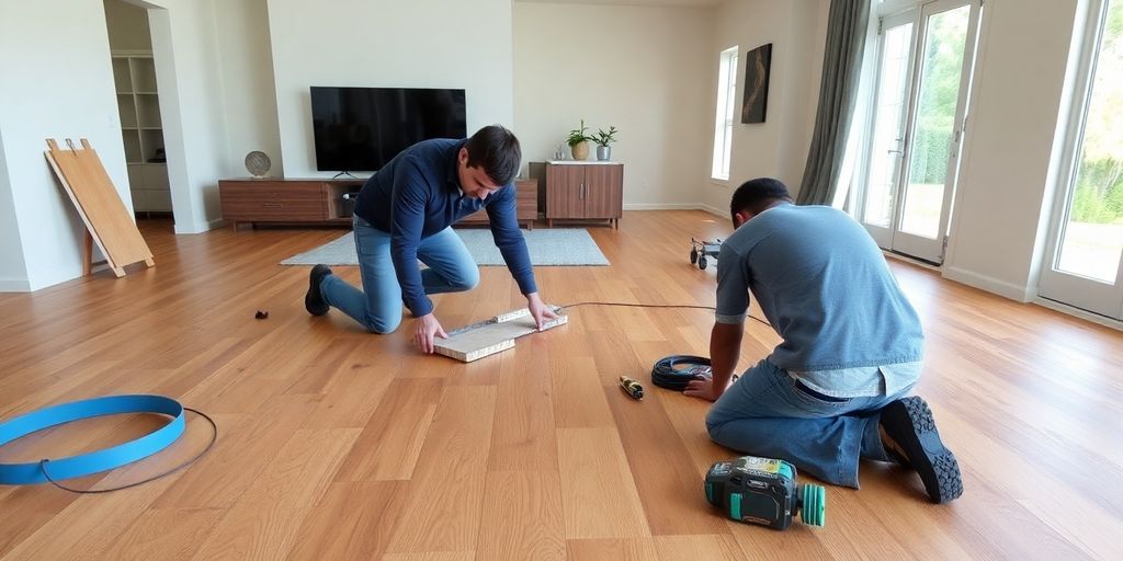 Installer working on hardwood flooring in a stylish room.