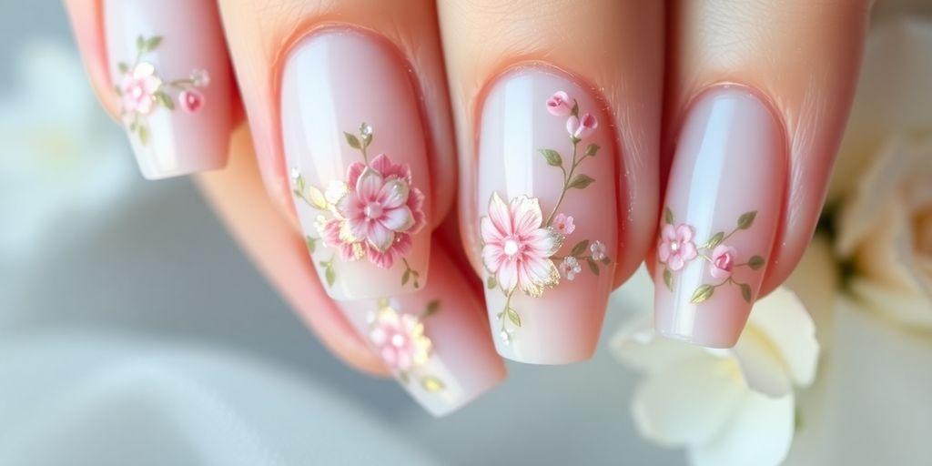 Unhas de gel decoradas delicadamente para noivas.