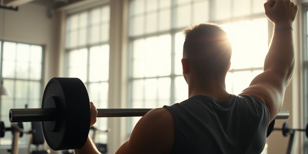 Person lifting weights in a sunlit gym.