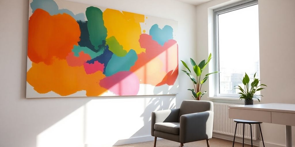 Modern office decor with abstract art.